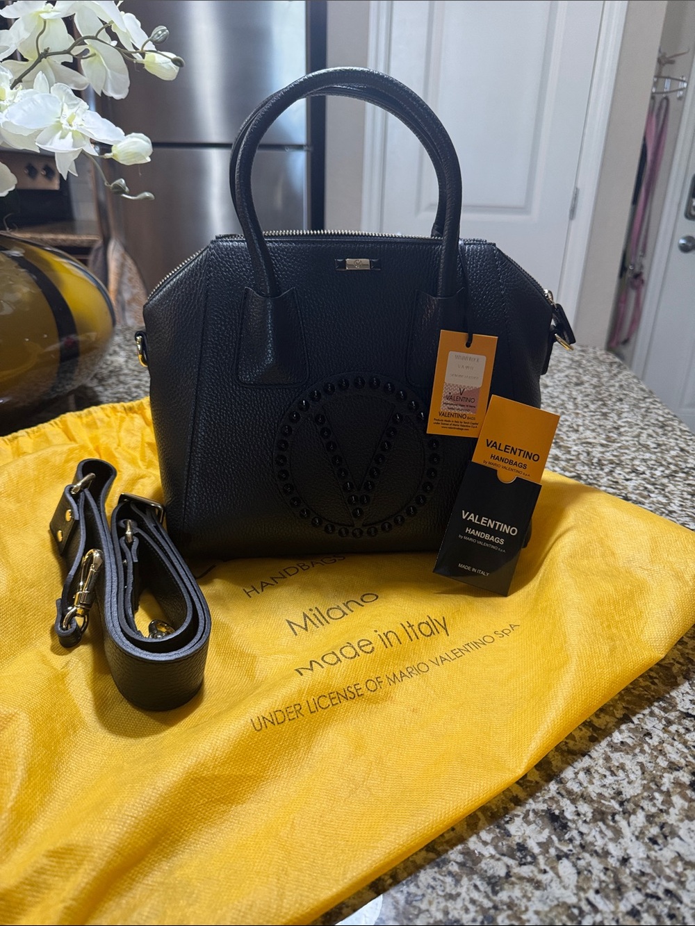 Valentino Black Pebbled Leather Top-Handle Satchel with V-Logo Stud Detail